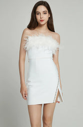 Finbar Rhinestone Feather Bodycon Dress in White - PDC